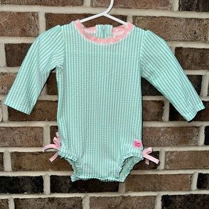 Ruffle Butts 6-12 month Teal Stripe Long Sleeve Rash Guard One Piece Swimsuit